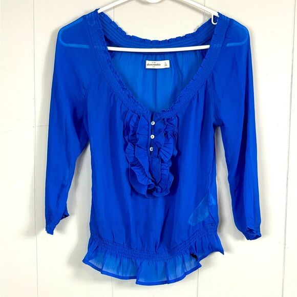 Abercrombie Kids Blue Sheer Ruffle Front Y2K Blouse Size XL Preppy Cute - Picture 1 of 8